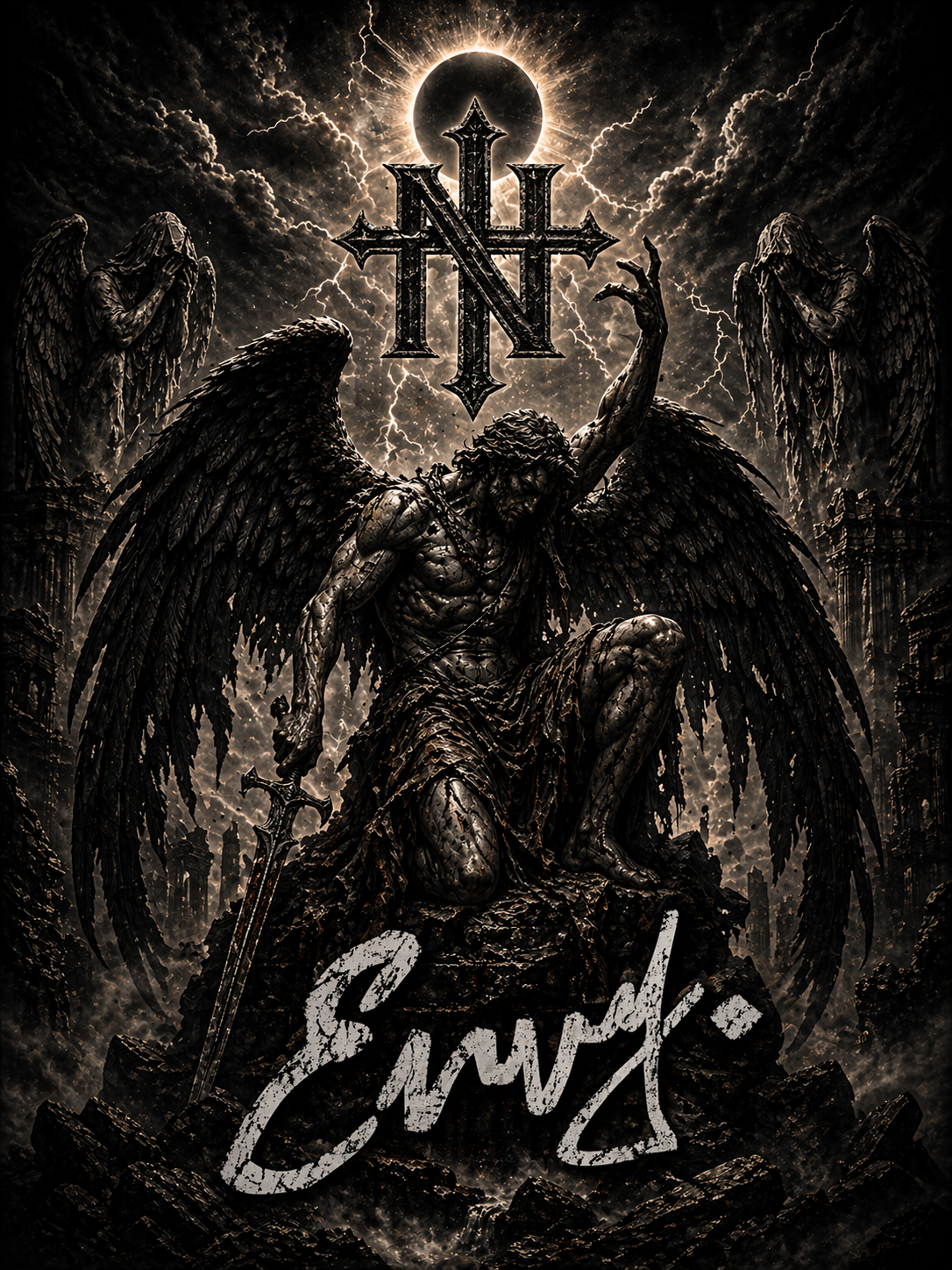 Envynomadix poster artwork with fallen angel and monogram