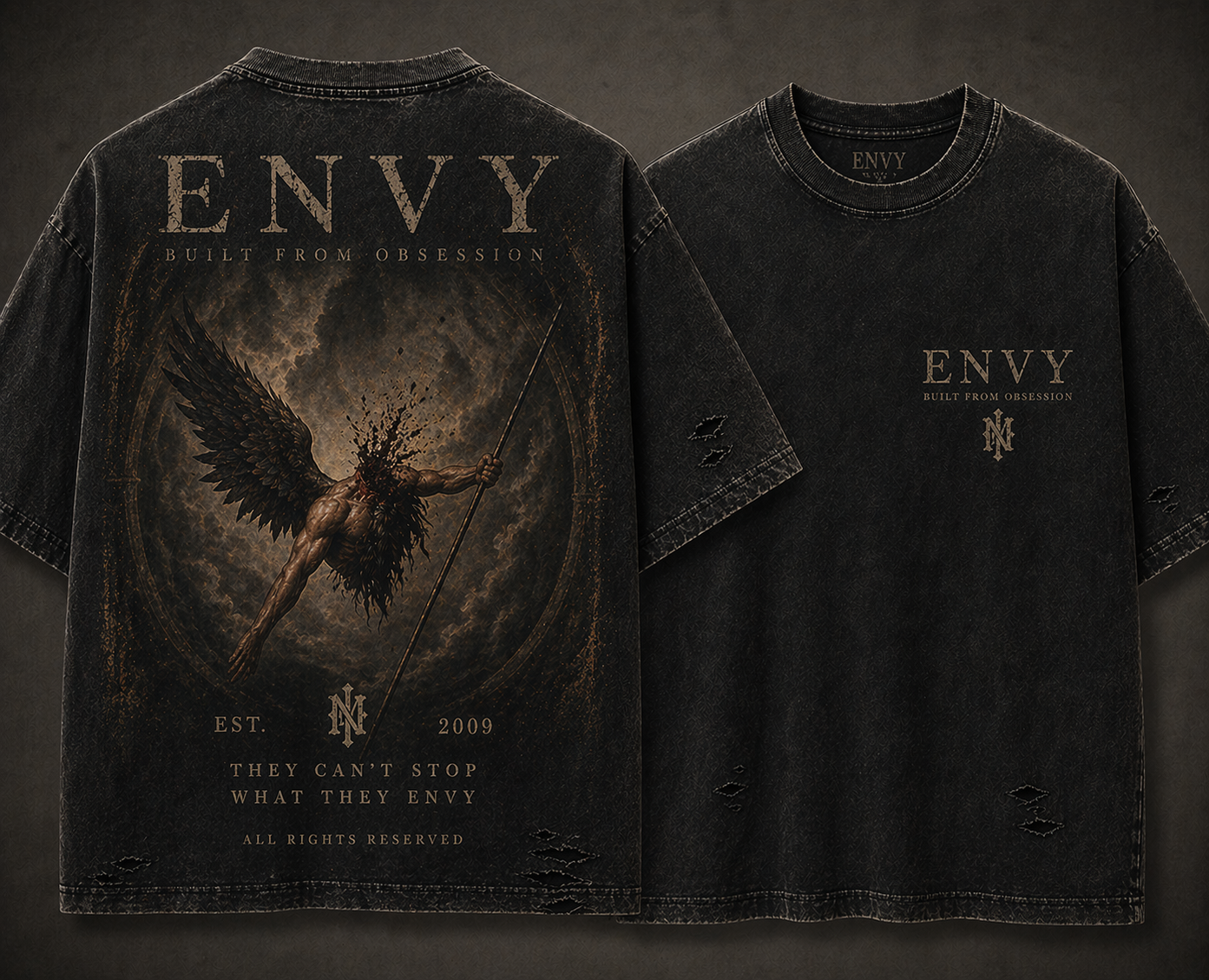 Envy black distressed t-shirt with fallen angel artwork